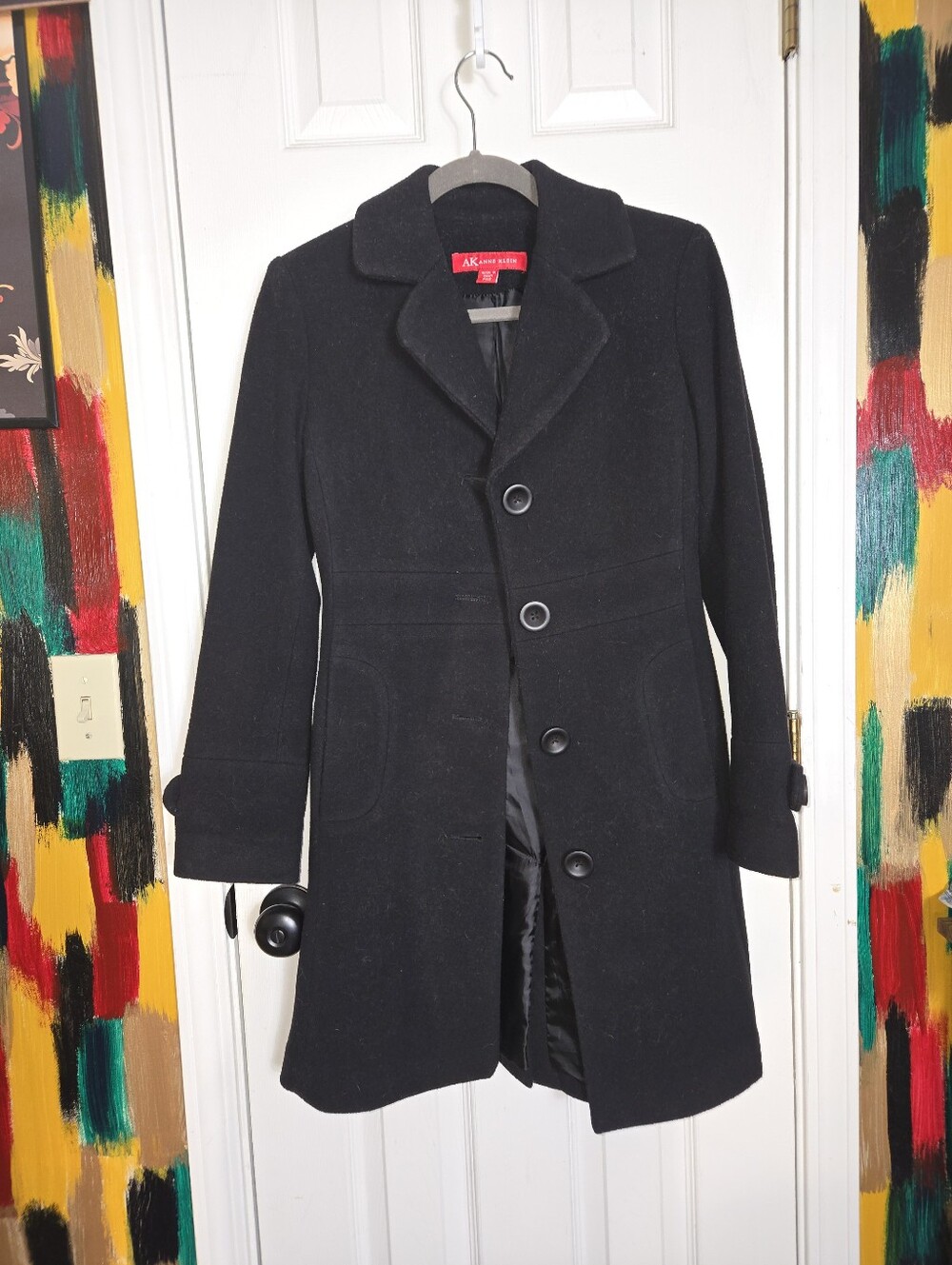 Anne Klein Wool / Nylon Black Buttoned Long Peacoat PXS - Picture 1 of 7